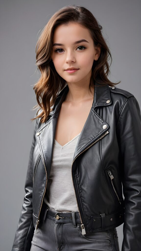 a teen girl, best quality, masterpiece, ultra high resolution, photo realistic, detailed skin, (black short aviator leather jacket), lounging, ((grey background))