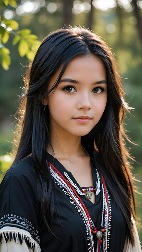 a ((teen girl)) medium silhouette shot, her hair is obsidian-black and with long straight haircut, she has glancing silver-white eyes and are orbit round, she has pouting lips, she has a soft outlook, she has a fit figure, she wears female native american clothing style, in a natural way, mood scenery background