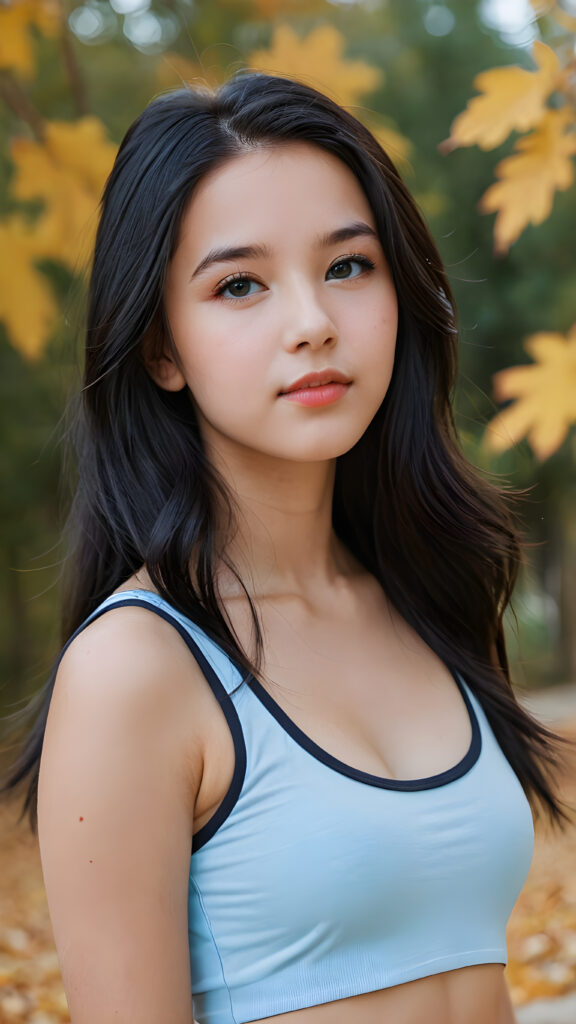 a (((teen girl))) with long, luxurious black hair and softly arched eyebrows, framing piercingly beautiful, light blue eyes. Her full lips are contrasted by a (((modern fall-collared tank top))), which complements her advanced yet timeless style