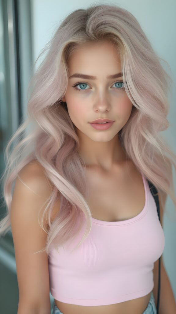 a (((teen girl))), ((light pink long wavy hair)), that flows elegantly, framing her delicate, ((barely there face)), which exudes a youthful vibrancy, short cropped tank top that accentuates her natural beauty and her perfect body, contrasting against the sleek and modern backdrop of a (hyper realistic, 8K rendering) for a stunning, high-quality image