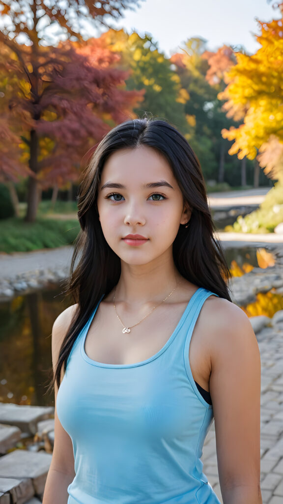 a (((teen girl))) with long, luxurious black hair and softly arched eyebrows, framing piercingly beautiful, light blue eyes. Her full lips are contrasted by a (((modern fall-collared tank top))), which complements her advanced yet timeless style