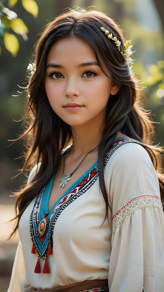 a ((teen girl)), medium silhouette shot, female native american clothing style, realistic detailed angelic round face, slight smile, natural dark hair, wavy straight flowing super soft hair, fit body, mood scenery background, hyper realistic, high quality, ((realistic)), ((detailed)), ((matching)), ((aligned)), coordinated, (symmetrical), (((evenly-sized)))