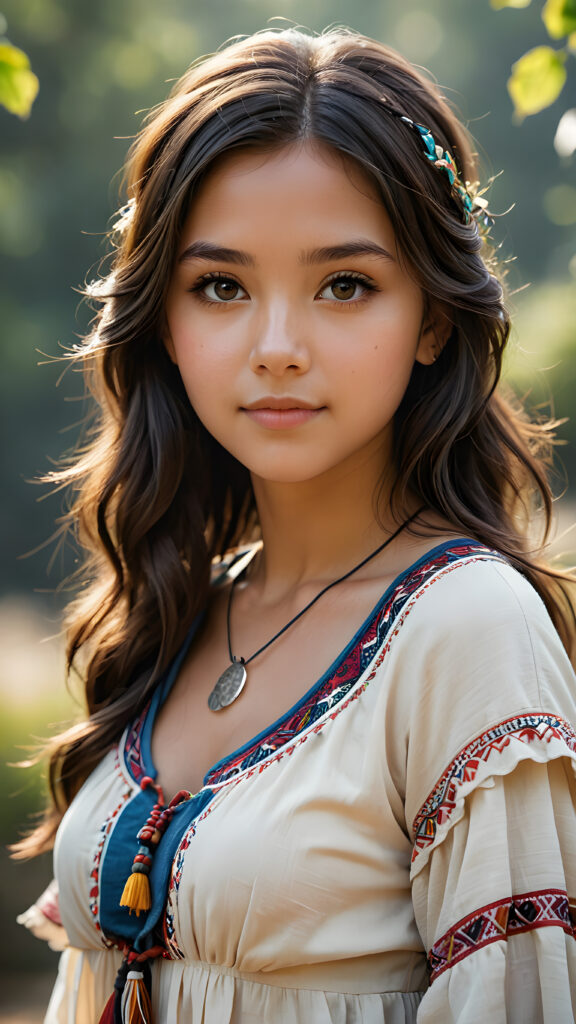 a ((teen girl)), medium silhouette shot, female native american clothing style, realistic detailed angelic round face, slight smile, natural dark hair, wavy straight flowing super soft hair, fit body, mood scenery background, hyper realistic, high quality, ((realistic)), ((detailed)), ((matching)), ((aligned)), coordinated, (symmetrical), (((evenly-sized)))