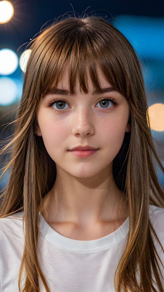 a (((teen girl with bangs cut))), (((vividly drawn long, straight soft hazel hair))) that reflects the light in a (((professional night photograph))), age 13, is depicted with exquisite detail, her face softly angelic yet realistically defined, big round eyes, wearing a (super short, sleek white T-shirt) against a blue backdrop, ((side view))