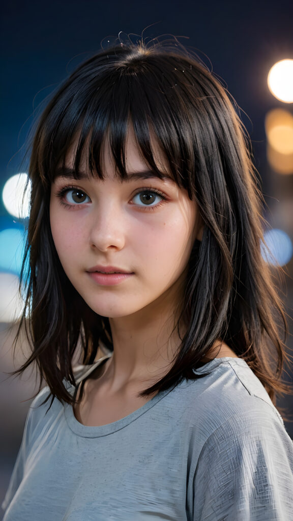 a (((teen girl with bangs cut))), (((vividly drawn long, straight soft messy black hair))) that reflects the light in a (((professional night photograph))), age 13, is depicted with exquisite detail, her face softly angelic yet realistically defined, big round eyes, wearing a (super short, sleek grey T-shirt, perfect curved body) against a blue backdrop, ((side view))