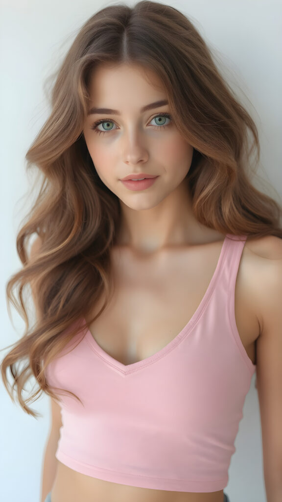 a (((teen girl))), ((long wavy hair)), that flows elegantly, framing her delicate, ((barely there face)), which exudes a youthful vibrancy, short cropped pink tank top that accentuates her natural beauty and her perfect body, deep v-neck and wide open front, contrasting against the sleek and modern backdrop of a (hyper realistic, 8K rendering) for a stunning, high-quality image