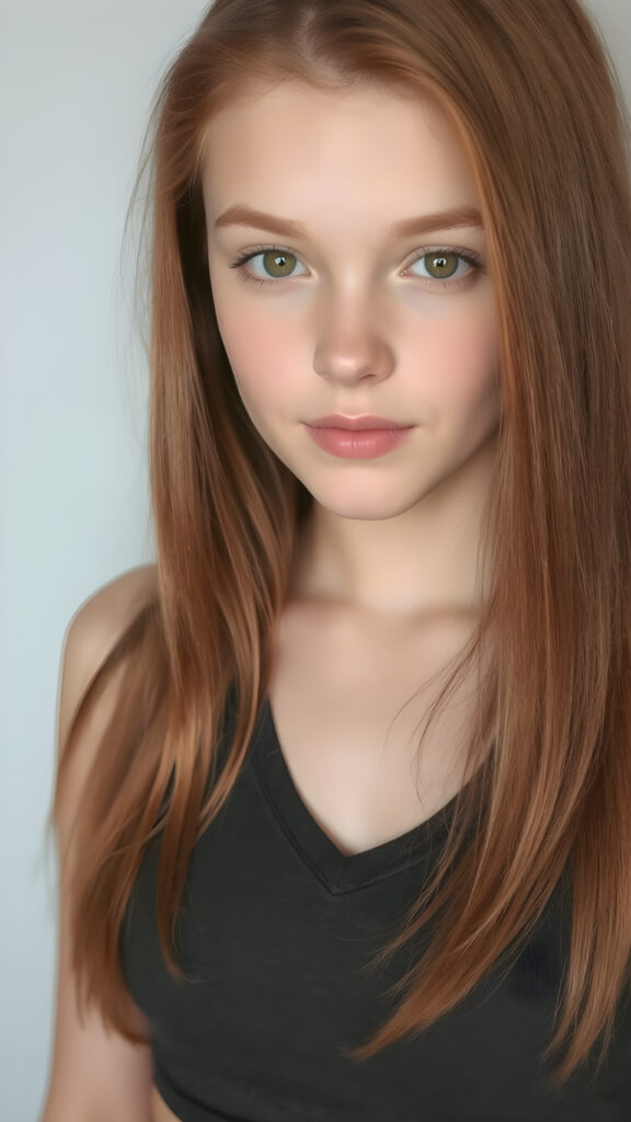 a teen girl in a perfect portrait shot, 1:3, with straight soft long red hair, detailed round face, full lips, amber eyes, she wears a cropped tank top with deep v-neck, cute and stunning, light grey backdrop