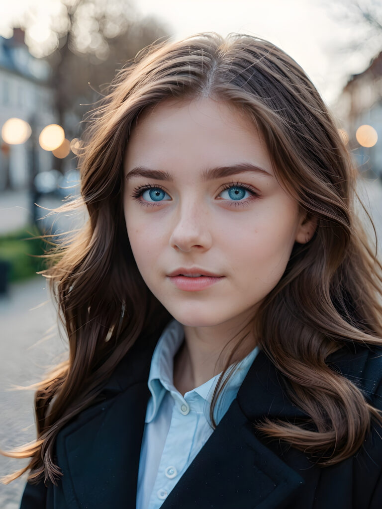 a teen girl is falling in love, ((perfect, detailed portrait)), she has long brown hair, ((light blue eyes)), wears a black coat