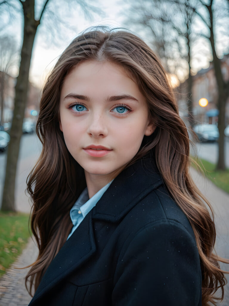 a teen girl is falling in love, ((perfect, detailed portrait)), she has long brown hair, ((light blue eyes)), wears a black coat