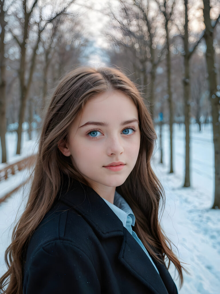 a teen girl is falling in love, ((perfect, detailed portrait)), she has long brown hair, ((light blue eyes)), wears a black coat