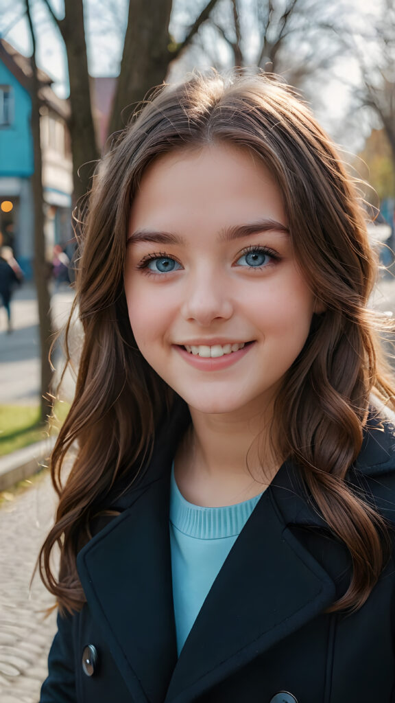 a teen girl, she is very happy and laugh, ((perfect, detailed portrait)), she has long brown hair, ((light blue eyes)), wears a black coat