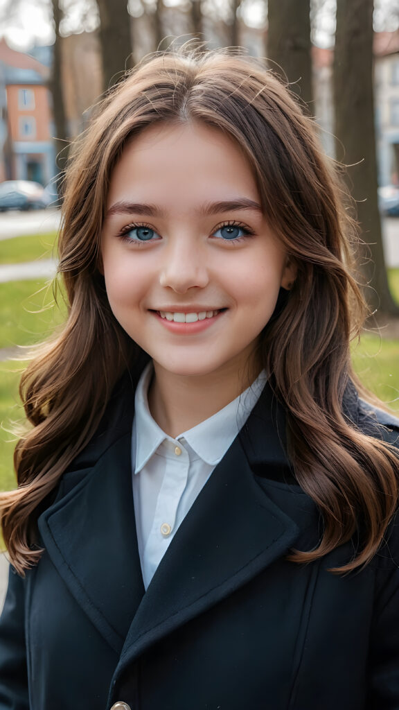 a teen girl, she is very happy and laugh, ((perfect, detailed portrait)), she has long brown hair, ((light blue eyes)), wears a black coat