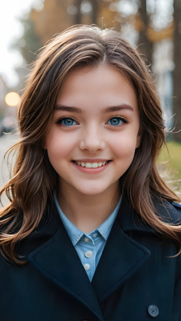 a teen girl, she is very happy and laugh, ((perfect, detailed portrait)), she has long brown hair, ((light blue eyes)), wears a black coat