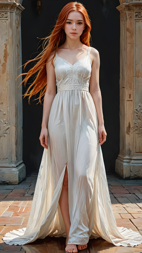 a teen girl with red long straight hair, a beautiful, full body view dark souls ((transparent white long dress)), bare feet