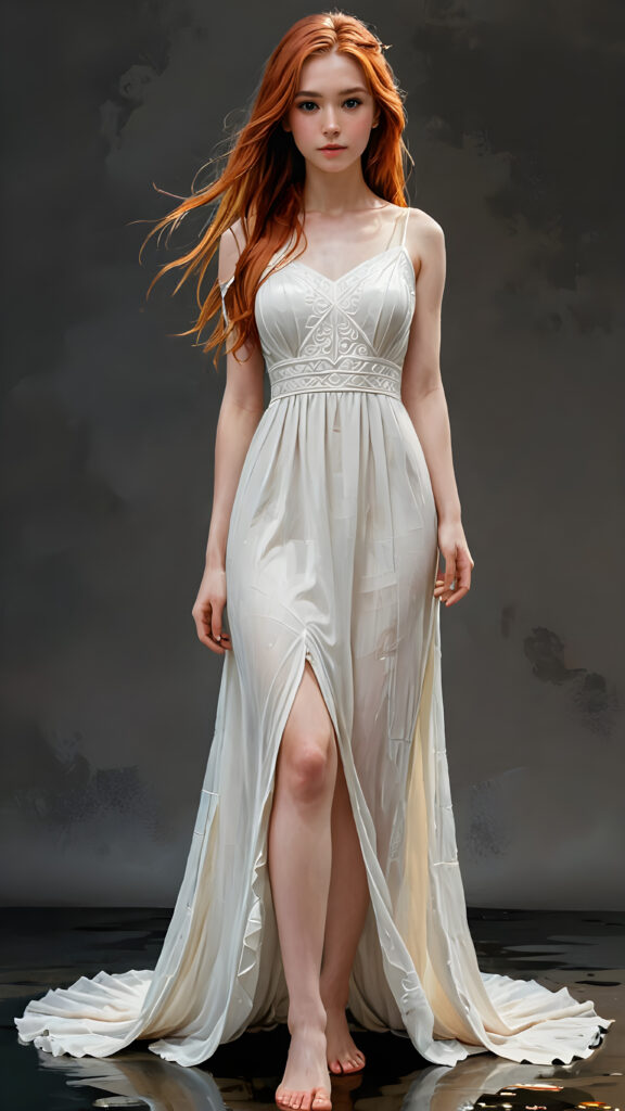 a teen girl with red long straight hair, a beautiful, full body view dark souls ((transparent white long dress)), bare feet