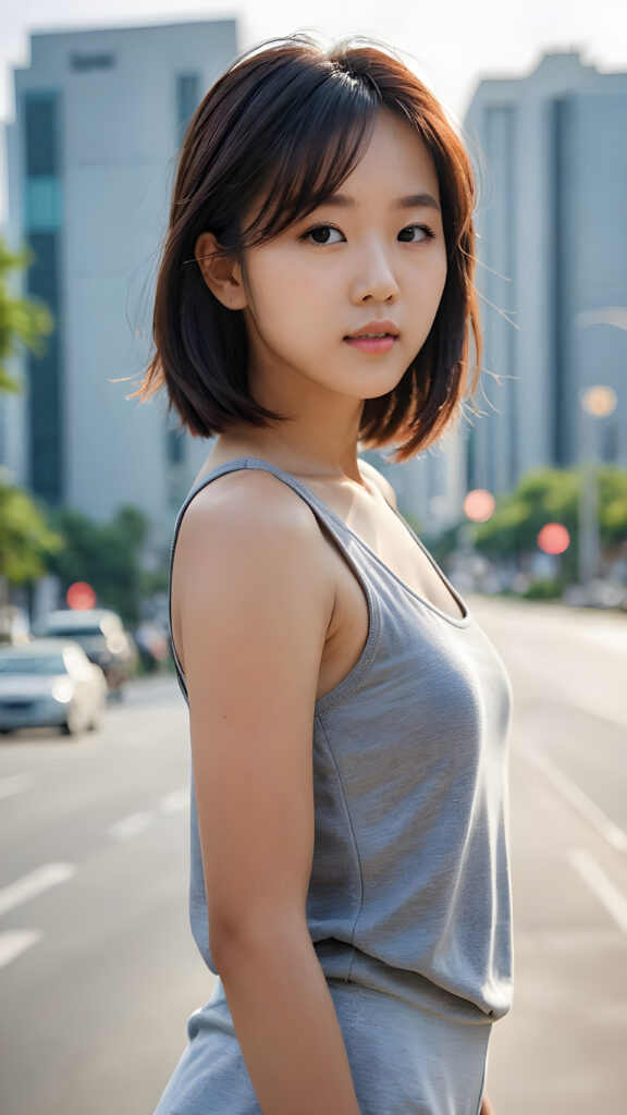 a (((teenage Korean girl))) with flowing, side-swept bangs and short, sleek hair framing her face, elegantly dressed in a (((grey tank top))), exuding an air of modern sophistication