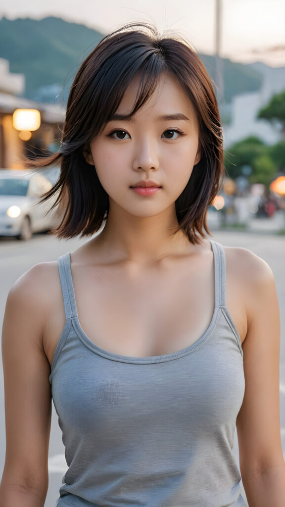 a (((teenage Korean girl))) with flowing, side-swept bangs and short, sleek hair framing her face, elegantly dressed in a (((grey tank top))), exuding an air of modern sophistication