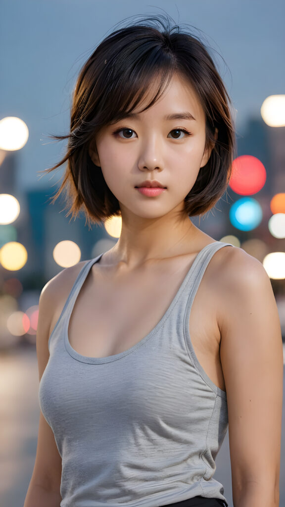 a (((teenage Korean girl))) with flowing, side-swept bangs and short, sleek hair framing her face, elegantly dressed in a (((grey tank top))), exuding an air of modern sophistication