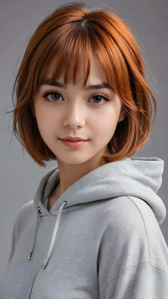 a teenage girl, full detailed and realistic portrait, ((round, angelic face)), flawless, young and smooth skin, full lips, her deep brown eyes sparkle, ((orange shoulder-length, straight soft shiny hair, bangs and bob cut)), white hoodie, a warm smile enchants the viewer, ((gorgeous)) ((stunning)) ((grey background))