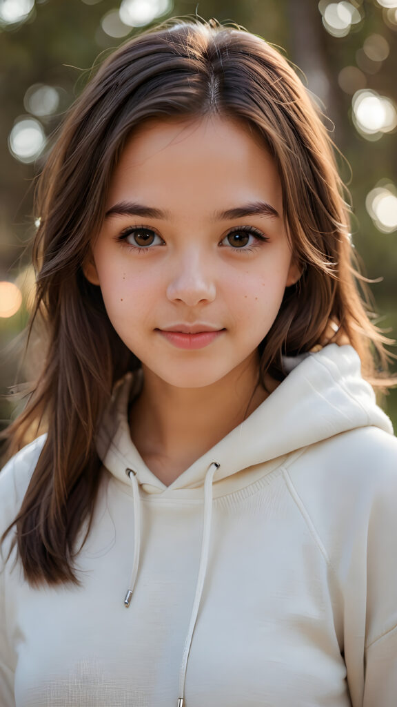 a teenage girl, full detailed and realistic portrait, ((round, angelic face)), flawless, young and smooth skin, full lips, her deep brown eyes sparkle, ((brown shoulder-length, straight soft hair)), white hoodie, a warm smile enchants the viewer, ((gorgeous)) ((stunning))