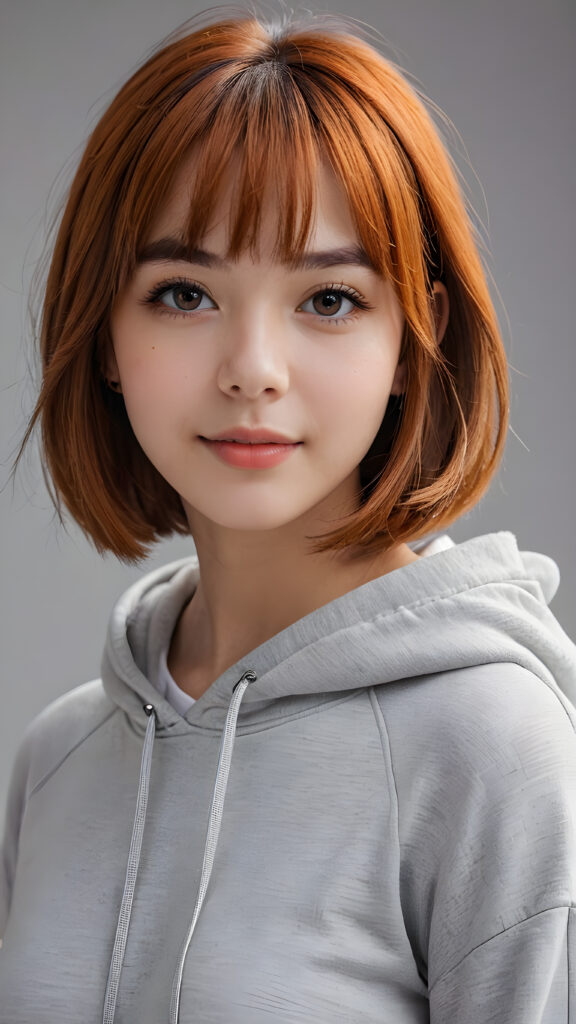 a teenage girl, full detailed and realistic portrait, ((round, angelic face)), flawless, young and smooth skin, full lips, her deep brown eyes sparkle, ((orange shoulder-length, straight soft shiny hair, bangs and bob cut)), white hoodie, a warm smile enchants the viewer, ((gorgeous)) ((stunning)) ((grey background))