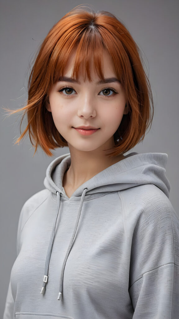 a teenage girl, full detailed and realistic portrait, ((round, angelic face)), flawless, young and smooth skin, full lips, her deep brown eyes sparkle, ((orange shoulder-length, straight soft shiny hair, bangs and bob cut)), white hoodie, a warm smile enchants the viewer, ((gorgeous)) ((stunning)) ((grey background))