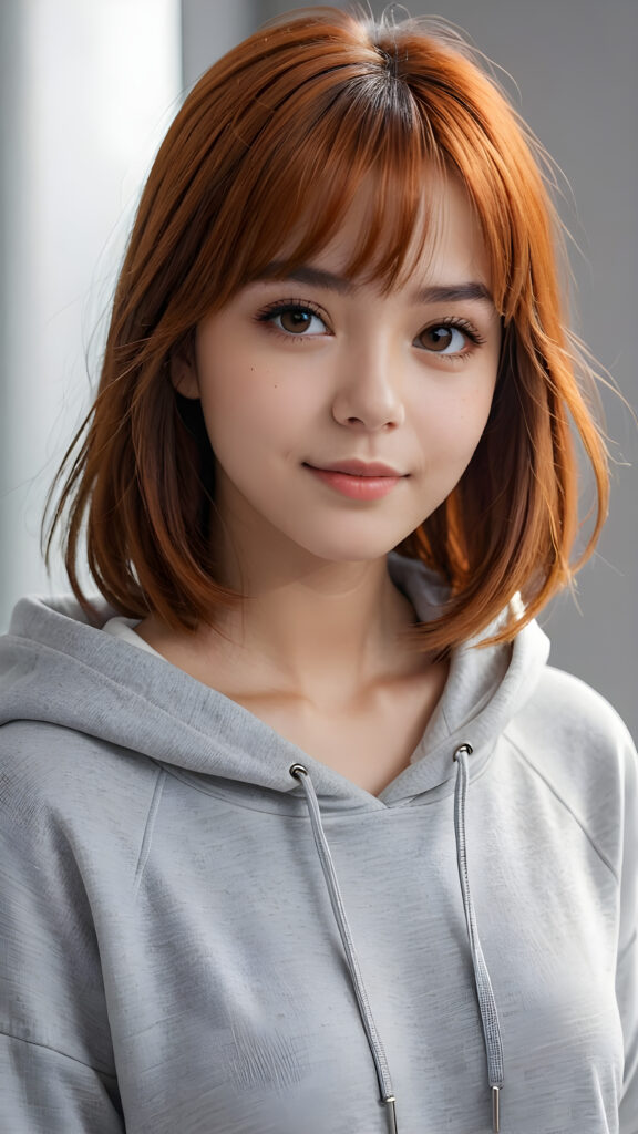 a teenage girl, full detailed and realistic portrait, ((round, angelic face)), flawless, young and smooth skin, full lips, her deep brown eyes sparkle, ((orange shoulder-length, straight soft shiny hair, bangs and bob cut)), white hoodie, a warm smile enchants the viewer, ((gorgeous)) ((stunning)) ((grey background))