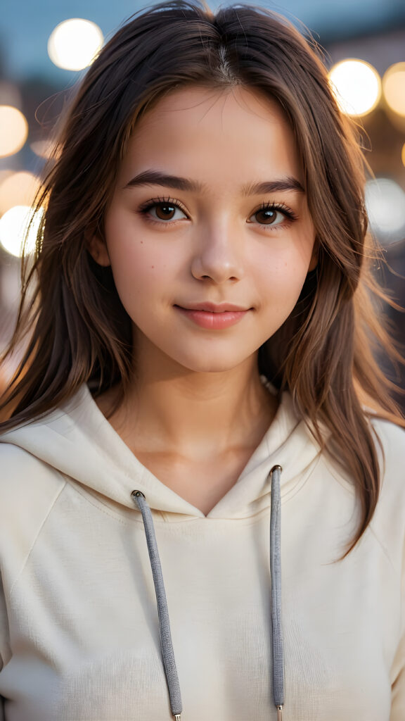 a teenage girl, full detailed and realistic portrait, ((round, angelic face)), flawless, young and smooth skin, full lips, her deep brown eyes sparkle, ((brown shoulder-length, straight soft hair)), white hoodie, a warm smile enchants the viewer, ((gorgeous)) ((stunning))