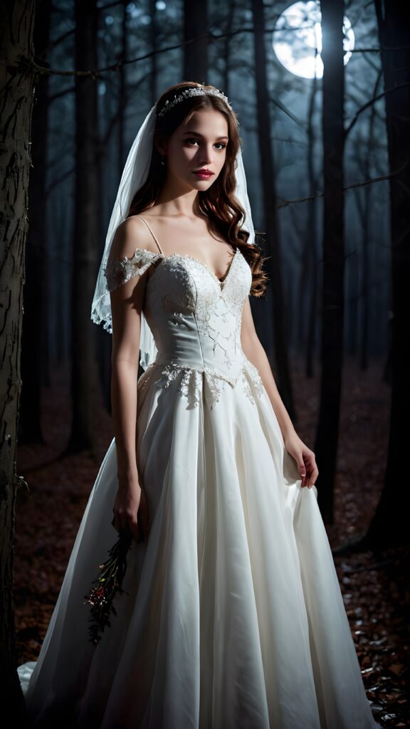 a thin dressed teen vampir bride at night in a mysterious forest. Weak moonlight light falls into the picture. Perfect shadows and contrasts support the image. ((detailed))