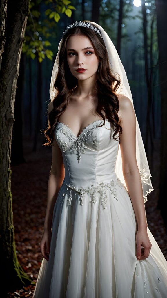 a thin dressed teen vampir bride at night in a mysterious forest. Weak moonlight light falls into the picture. Perfect shadows and contrasts support the image. ((detailed))