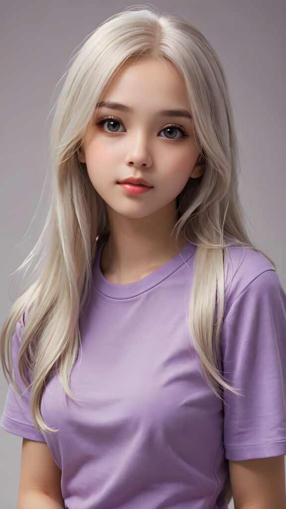 a thoughtful (((cute and petite girl))) with ((long, soft, white straight hair)), detailed round face, light brown realistic eyes, ((wears a form-fitting tight violet no printed t-shirt)), soft lips and grey eyes that give off a romantic glow