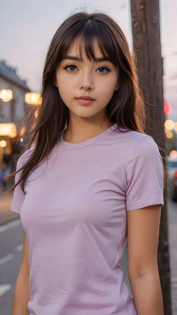 a thoughtful (((cute and petite girl))) with (long, soft, dark straight hair, bangs cut), soft lips and grey eyes that give off a romantic glow, ((wears a form-fitting tight light violet t-shirt))