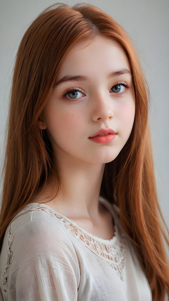 a thoughtful (((cute and petite girl))) with long, soft, red straight hair, soft lips and grey eyes that give off a romantic glow