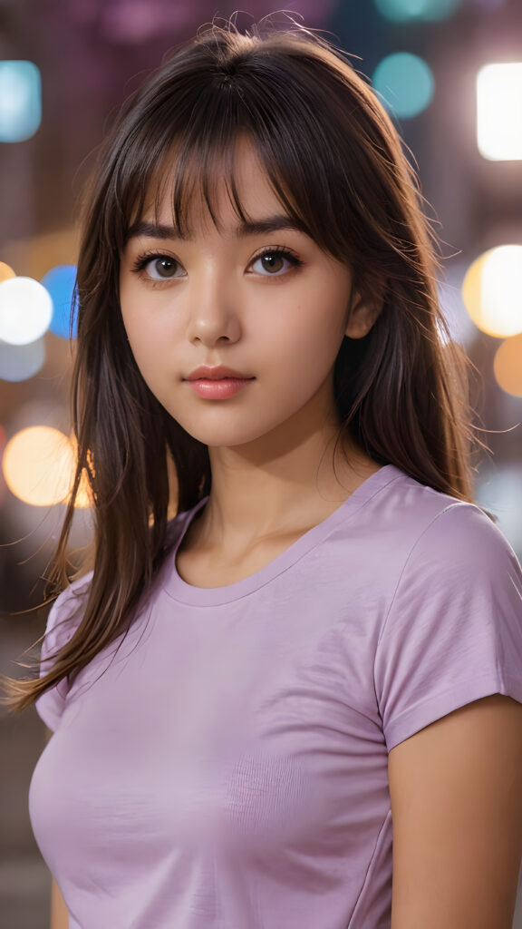 a thoughtful (((cute and petite girl))) with (long, soft, dark straight hair, bangs cut), soft lips and grey eyes that give off a romantic glow, ((wears a form-fitting tight light violet t-shirt))