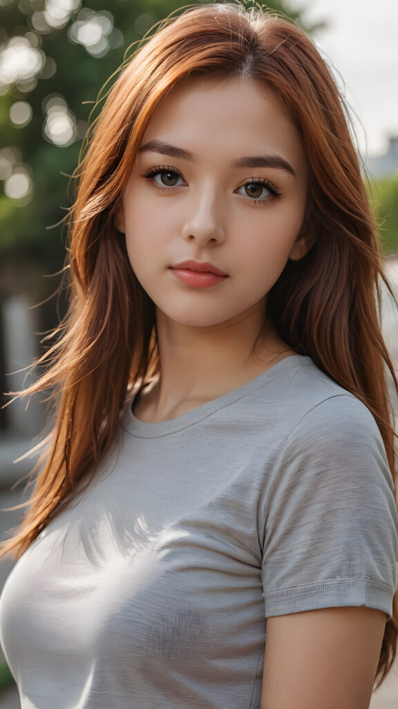 a thoughtful (((cute and petite girl))) with long, soft, red straight hair, soft lips and grey eyes that give off a romantic glow, wears a form-fitting tight t-shirt