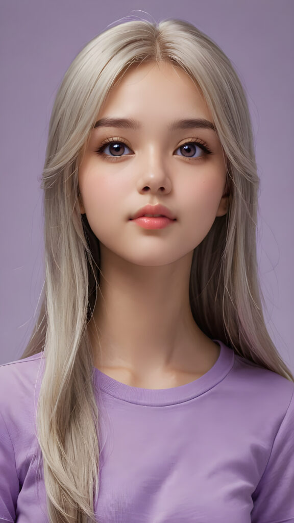 a thoughtful (((cute and petite girl))) with ((long, soft, white straight hair)), detailed round face, light brown realistic eyes, ((wears a form-fitting tight violet no printed t-shirt)), soft lips and grey eyes that give off a romantic glow