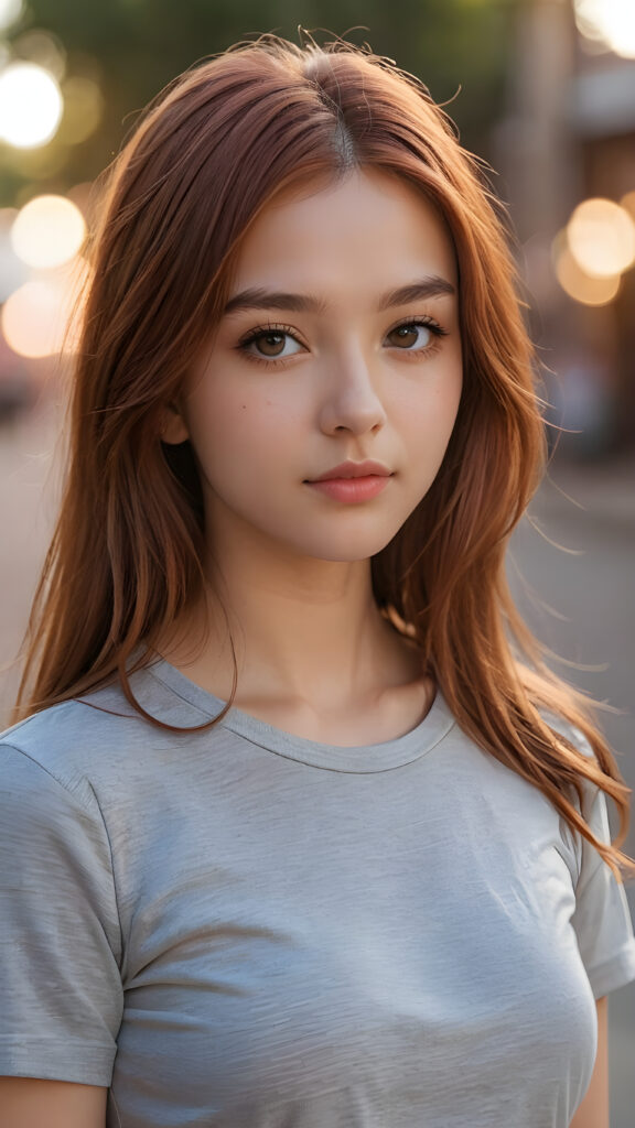 a thoughtful (((cute and petite girl))) with long, soft, red straight hair, soft lips and grey eyes that give off a romantic glow, wears a form-fitting tight t-shirt