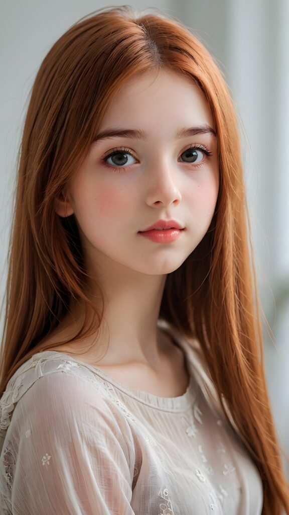 a thoughtful (((cute and petite girl))) with long, soft, red straight hair, soft lips and grey eyes that give off a romantic glow