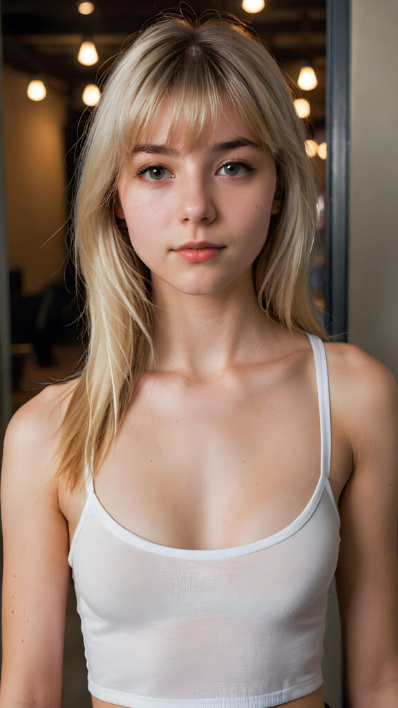 a thoughtful (((young cute and petite teen model girl))) with long soft, white straight hair framing her face, bangs, caught off guard as it cascades down her shoulders and covers her upper body in a in a plunge neck (((cropped low cut tank top))), expressing a mix of bashfulness and embarrassment, perfect curved fit body