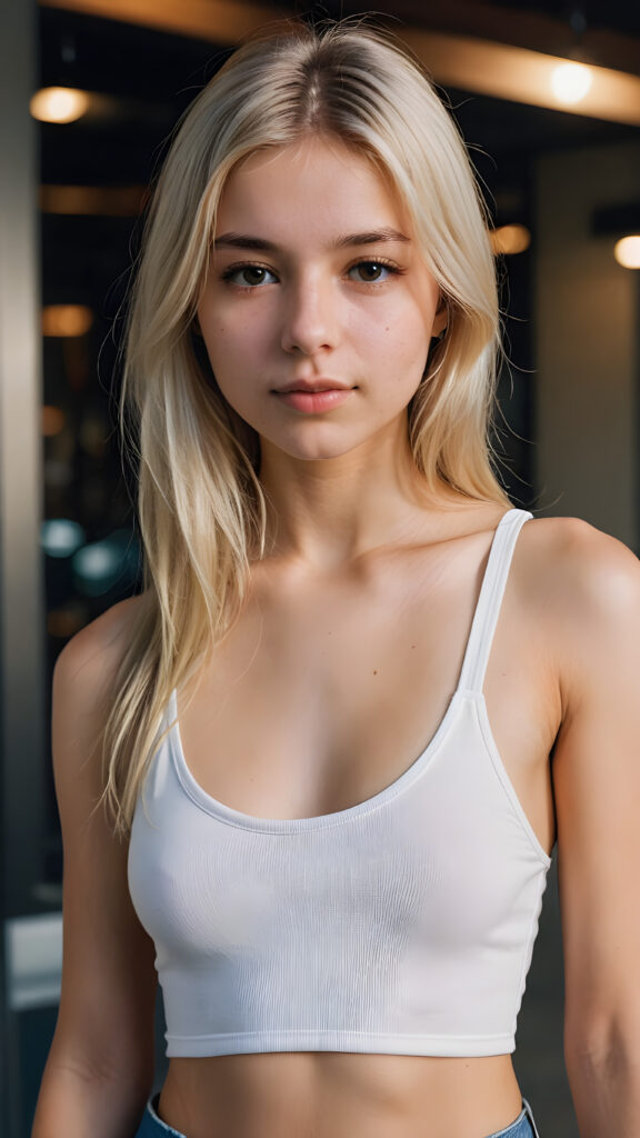 a thoughtful (((young cute and petite teen model girl))) with long soft, white straight hair framing her face, bangs, caught off guard as it cascades down her shoulders and covers her upper body in a in a plunge neck (((cropped low cut tank top))), expressing a mix of bashfulness and embarrassment, perfect curved fit body