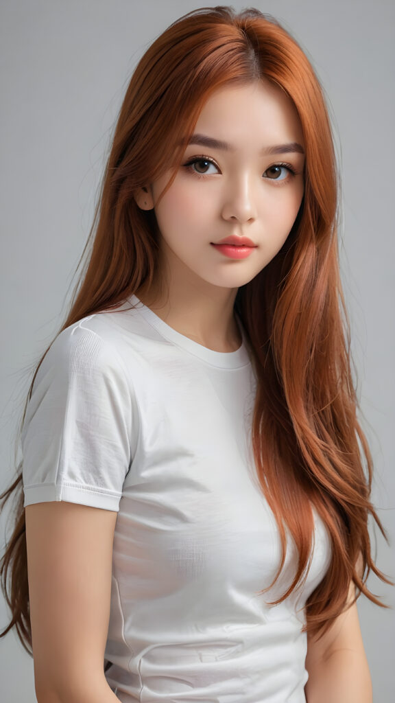 a thoughtful (((cute and petite girl))) with long, soft, red straight hair, soft lips and grey eyes that give off a romantic glow, wears a form-fitting tight t-shirt