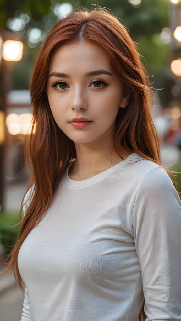 a thoughtful (((cute and petite girl))) with long, soft, red straight hair, soft lips and grey eyes that give off a romantic glow, wears a form-fitting tight t-shirt