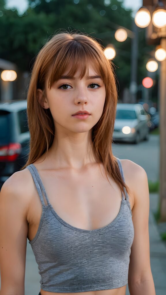 a thoughtful (((young cute teen and petite model girl))) with long soft, red straight hair framing her face, bangs, caught off guard as it cascades down her shoulders and covers her upper body in a in a plunge neck (((cropped low cut tank top)))