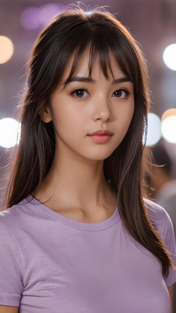 a thoughtful (((cute and petite girl))) with (long, soft, dark straight hair, bangs cut), soft lips and grey eyes that give off a romantic glow, ((wears a form-fitting tight light violet t-shirt))