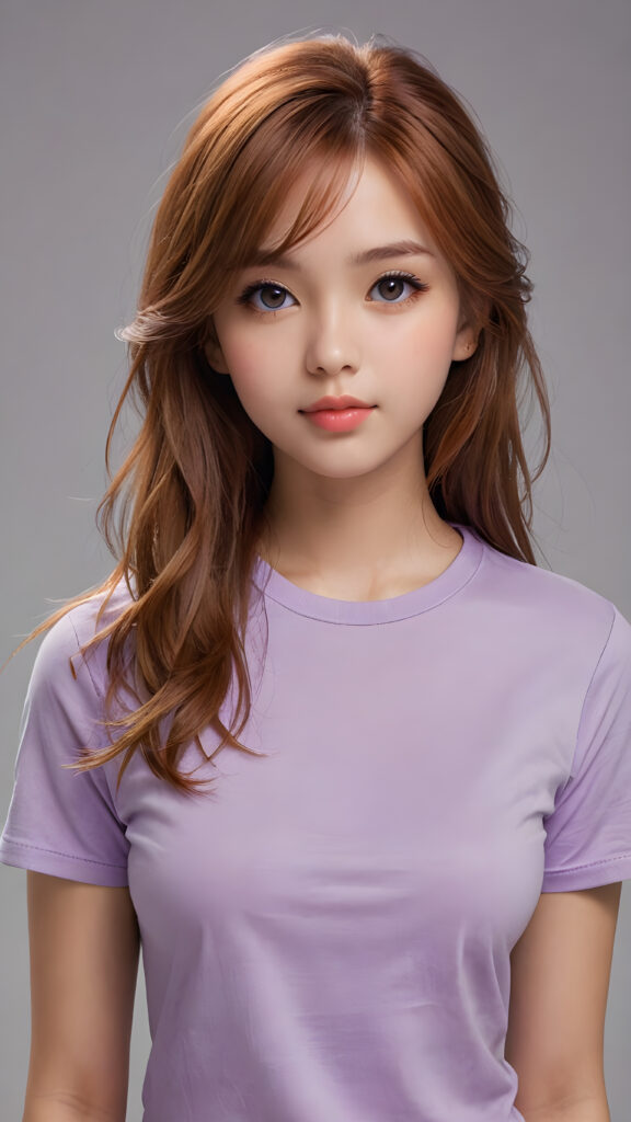 a thoughtful (((cute and petite girl))) with long, soft, red straight hair, detailed face, light brown realistic eyes, ((wears a form-fitting tight violet t-shirt)), soft lips and grey eyes that give off a romantic glow