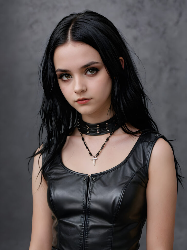 a thoughtful (((sad and tired young goth teen girl))) with soft obsidian black hair, (((short leather outfit))), contrasting against a (((gray, drab backdrop))), suggesting melancholy and disillusionment