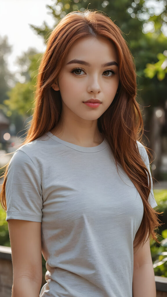 a thoughtful (((cute and petite girl))) with long, soft, red straight hair, soft lips and grey eyes that give off a romantic glow, wears a form-fitting tight t-shirt