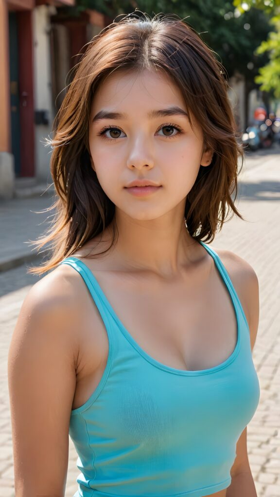 a thoughtful (((young cute teen model girl))) with long soft, straight hair framing her face, bangs, caught off guard as it cascades down her shoulders and covers her upper body in a in a plunge neck (((cropped low cut tank top))), expressing a mix of bashfulness and embarrassment, perfect curved fit body ((sunny backdrop))