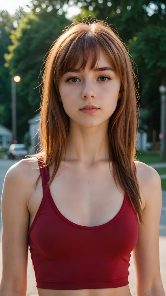 a thoughtful (((young cute teen and petite model girl))) with long soft, red straight hair framing her face, bangs, caught off guard as it cascades down her shoulders and covers her upper body in a in a plunge neck (((cropped low cut tank top)))