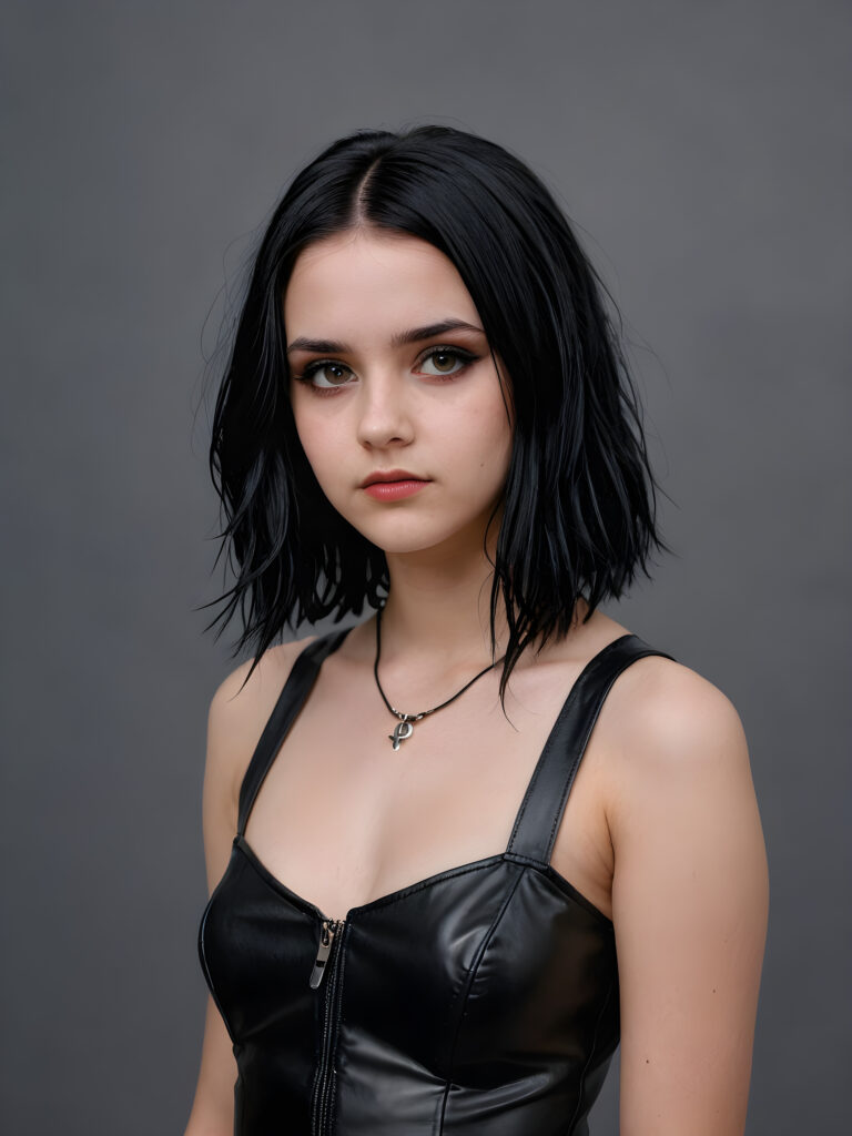 a thoughtful (((sad and tired young goth teen girl))) with soft obsidian black hair, (((short leather outfit))), contrasting against a (((gray, drab backdrop))), suggesting melancholy and disillusionment